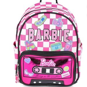 Barbie Pink White Checkerboard Kids Backpack with Cassette Pocket